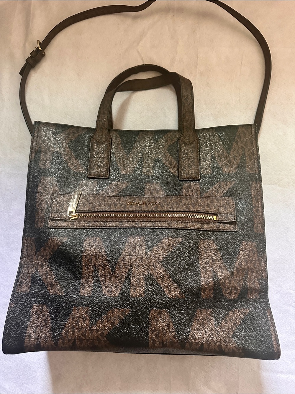Michael Kors Brown MK Monogram Tote with Gold Hardware